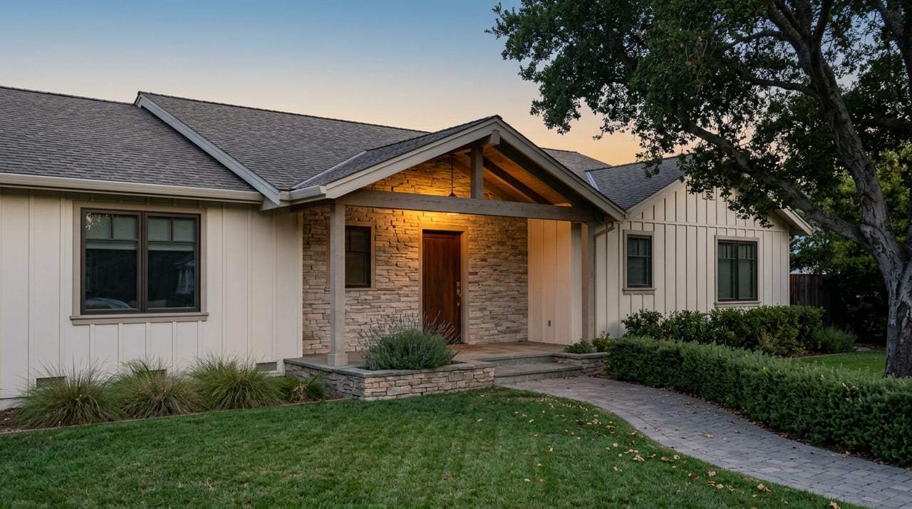 Dusk view of a gabled home with off-white siding, a stone entry wall, and a warm-lit porch beneath an oak tree.