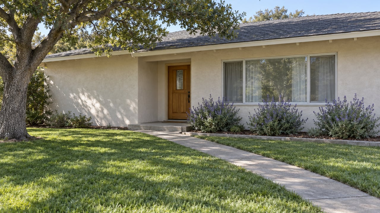 Single-story stucco home with a deep front lawn, concrete entry walk, mature oak and three flowering sage shrubs.