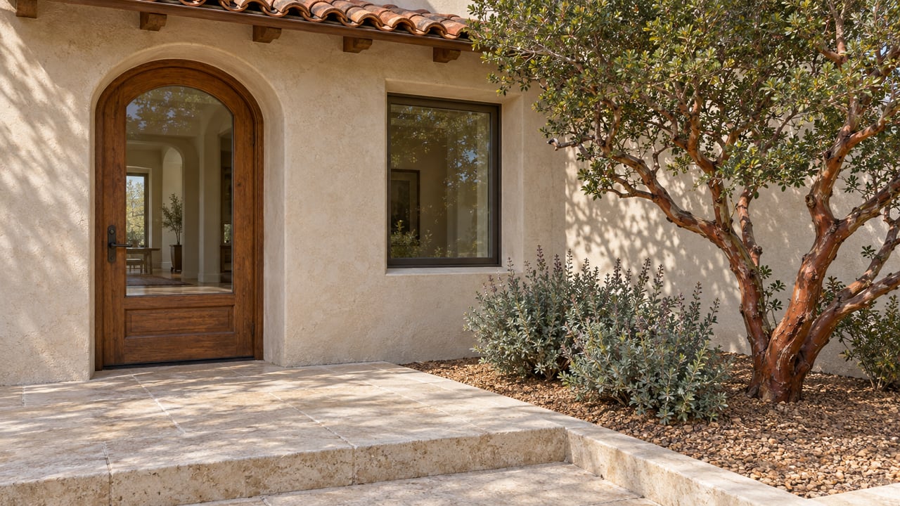 Sunlit stucco home entrance with an arched glazed oak door, limestone steps, manzanita and silver-green sage.