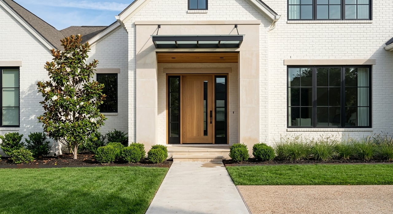 White-brick home entry with limestone surround, oak door, black-framed windows, and a landscaped lawn.