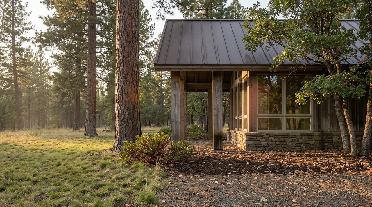 Rural home's stone-and-timber facade beneath dark metal roof, framed by pines and mown clearing.