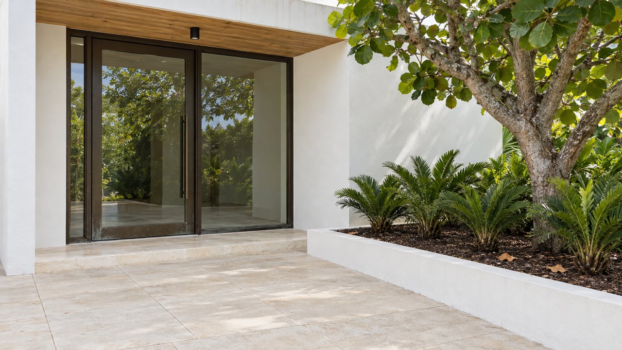 White contemporary home entry with bronze-framed glass, pale concrete paving and a sea-grape tree in a raised planting bed.