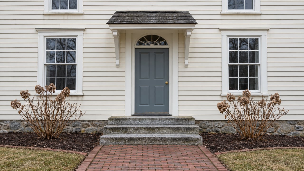 Ivory clapboard house entry with a blue-gray door, granite steps, brick walkway, and dormant oakleaf hydrangeas in winter light.