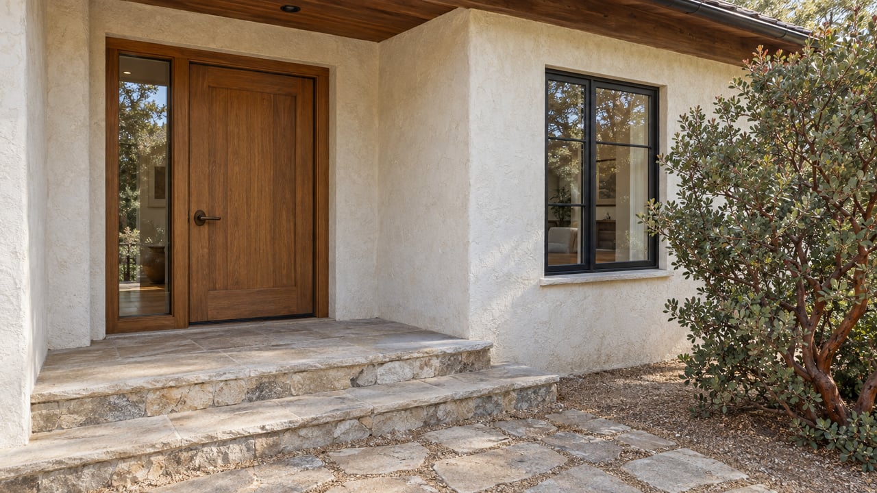 Cottage entry with a closed oak door, glazed sidelight, limestone steps, and russet-stemmed shrub.
