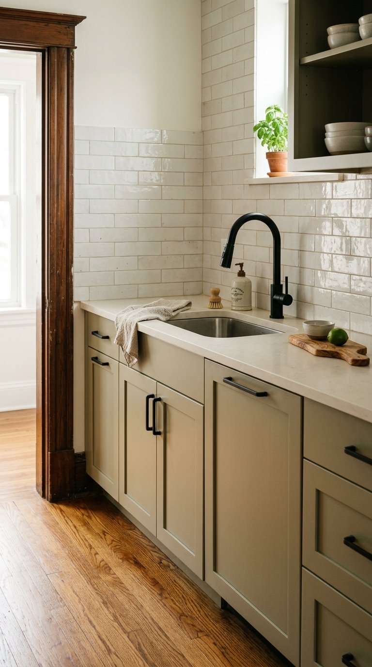 Kitchen with white shaker cabinets, quartz counters, subway tile, black hardware, and a potted plant.