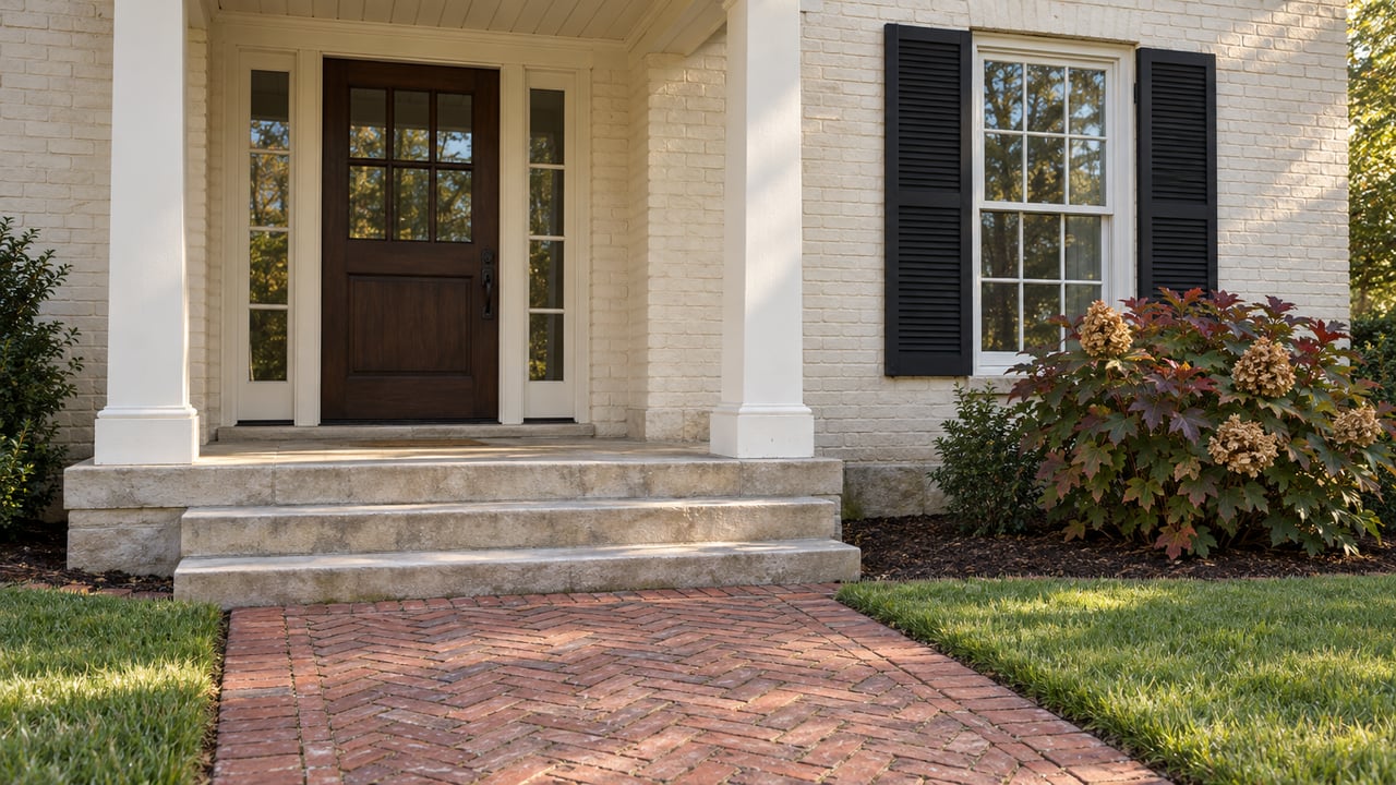 Cream-painted brick home with a shaded columned entry, worn limestone steps, a red brick approach and oakleaf hydrangea.