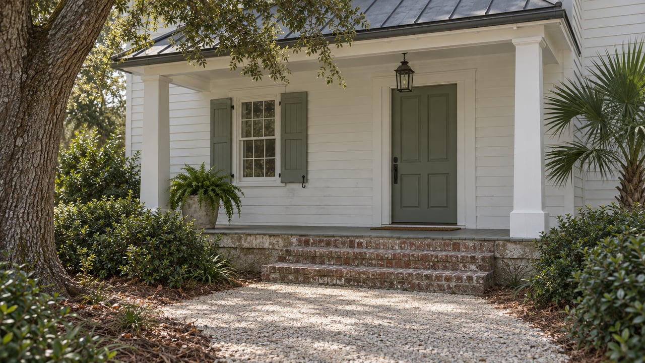 White coastal cottage entrance with a sage-green door, brick steps, shell-aggregate path, and oak and palmetto.