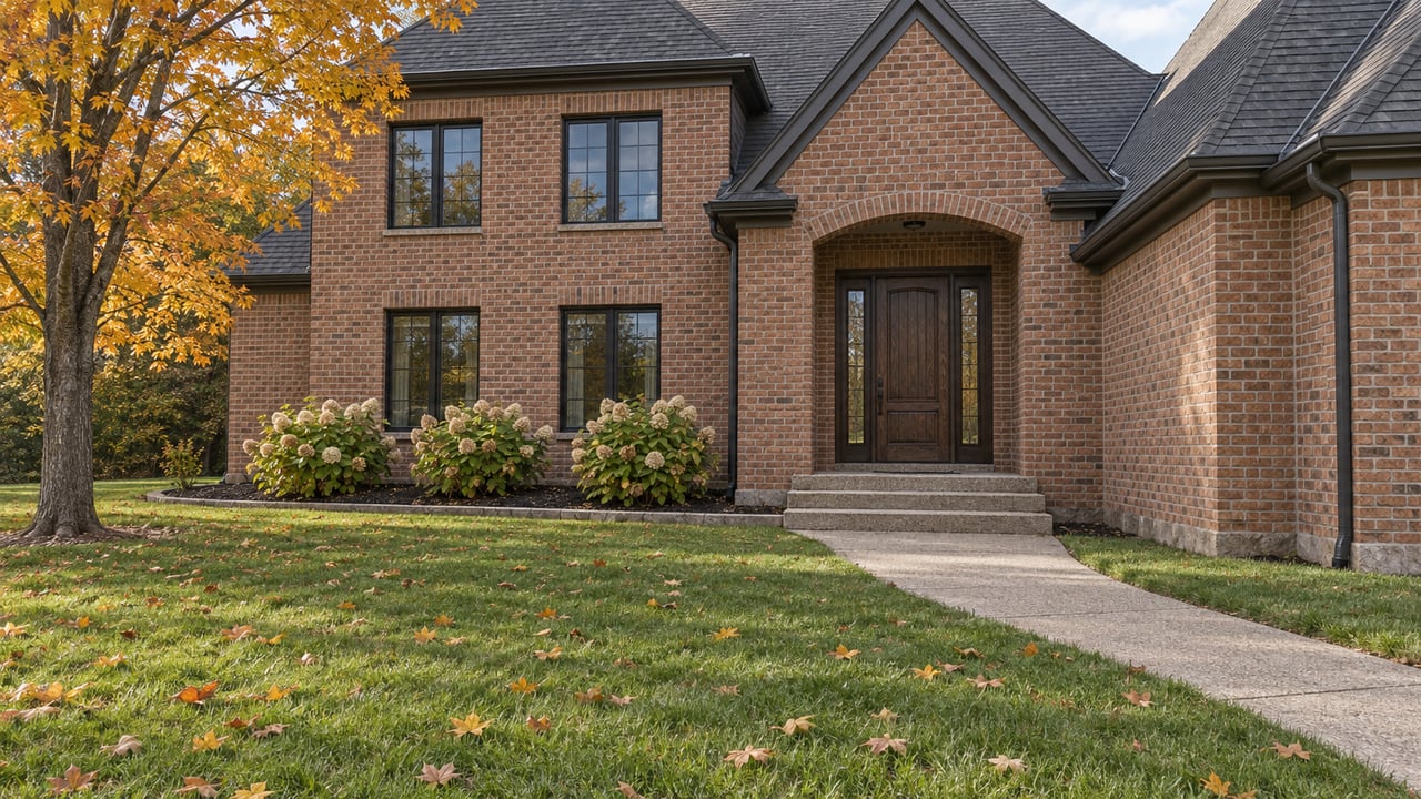 A brick two-story home with black-framed windows, a sheltered oak entry, a broad lawn and a golden maple tree.