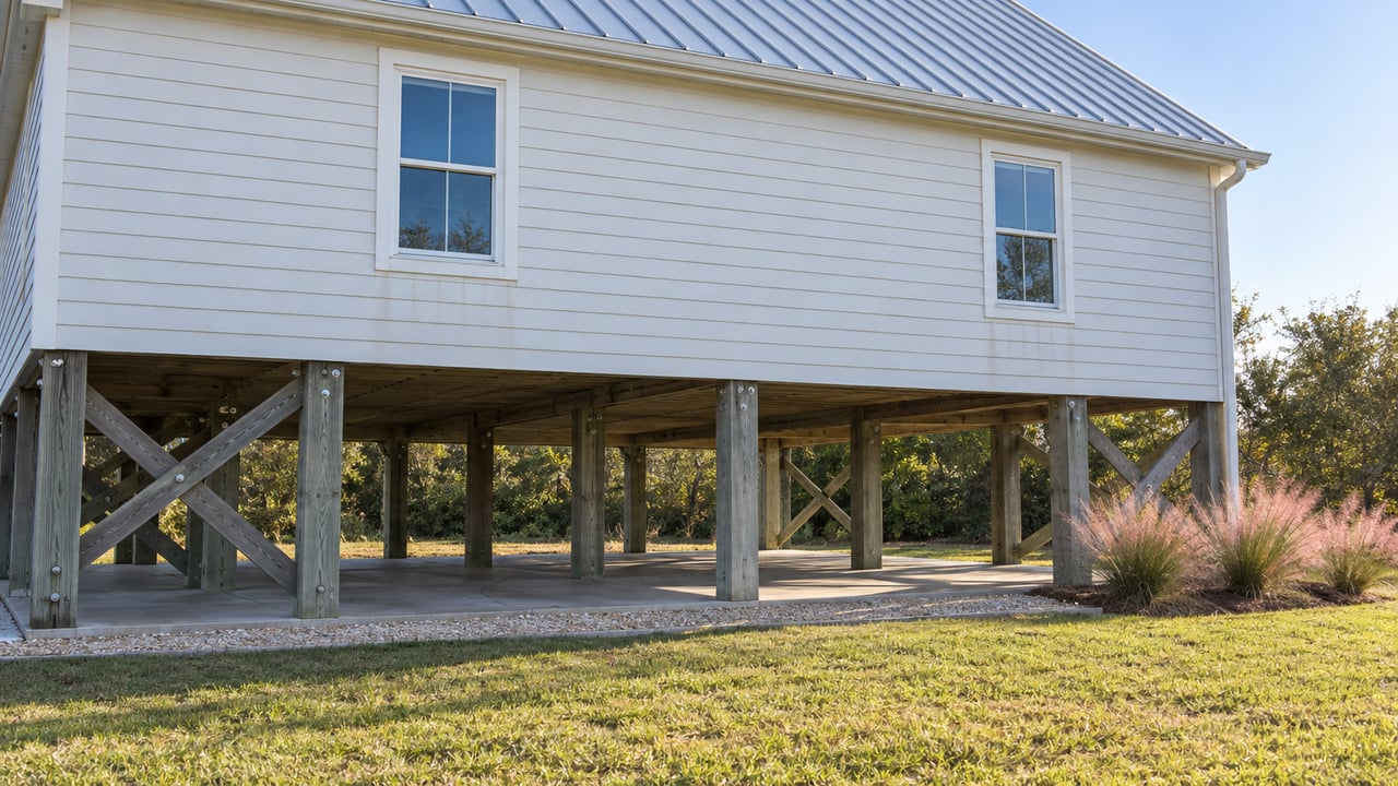 Sunlit white raised cottage with silver metal roof, open timber-supported undercroft and pink muhly grass beside an autumn lawn.