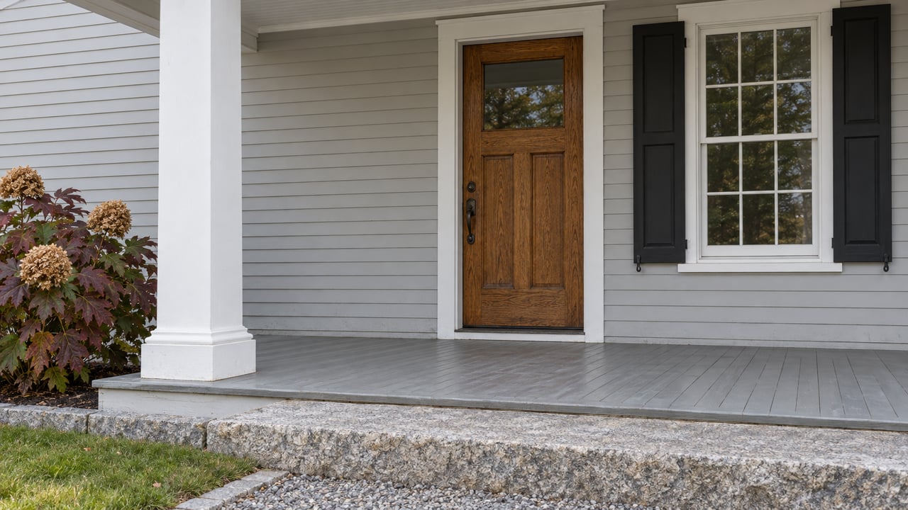 Close view of a covered porch with a white column, gray clapboard, oak entry door, black-shuttered window and granite step beside burgundy oakleaf hydrangea.