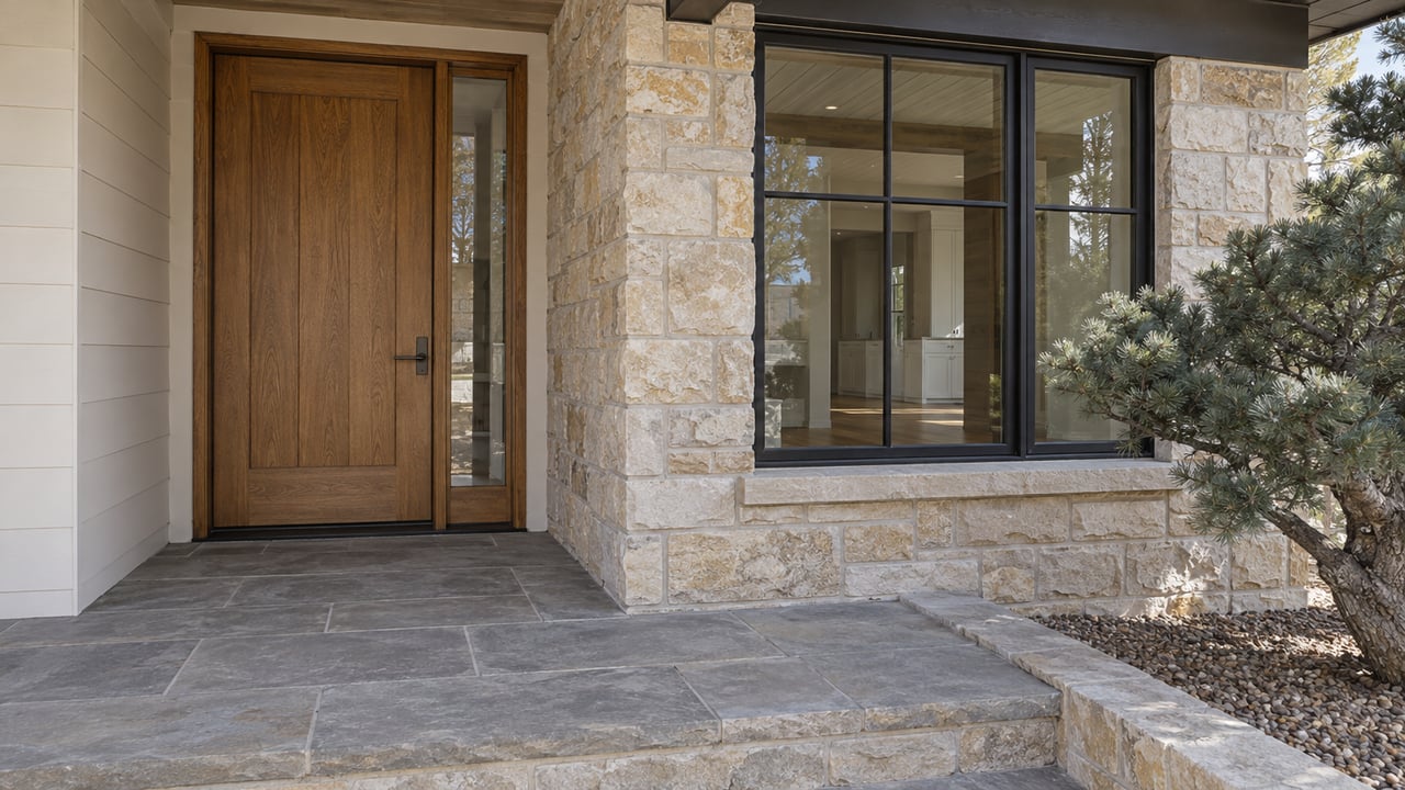 Sheltered oak front door beside sandstone walls and a dark-framed window, with a sculptural bristlecone pine beside the stone landing.