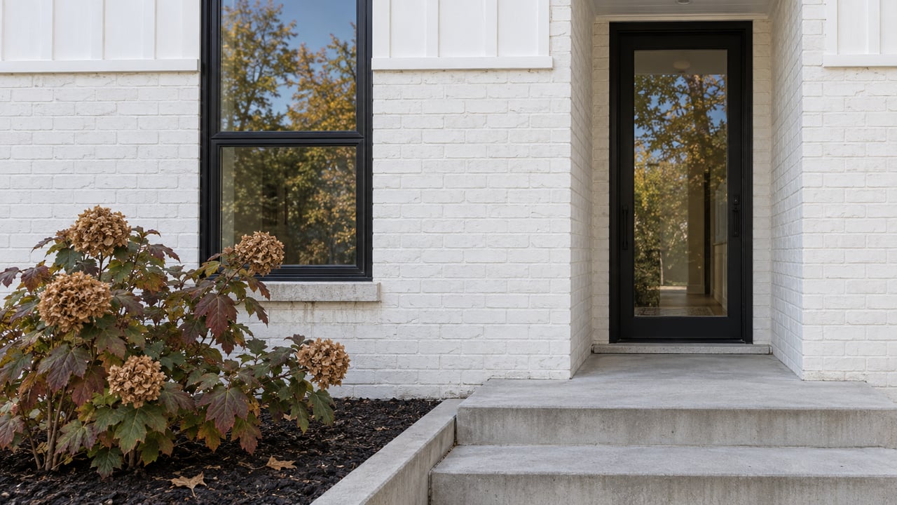White brick home entry with black-framed glass door and window, concrete steps, and burgundy oakleaf hydrangea foliage.