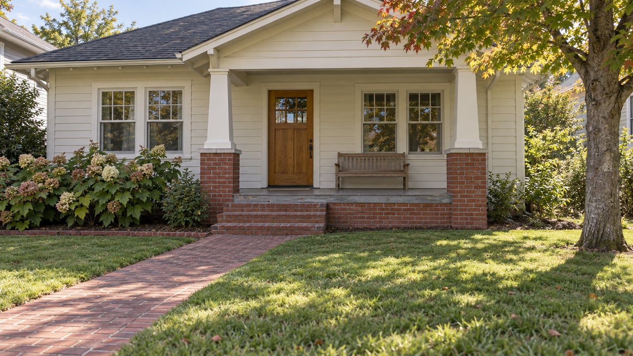 Cream wood-sided bungalow with a brick-based covered porch, divided-light windows, and a brick path across an established front lawn.