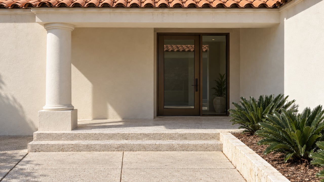 Sunlit stucco home entry with a clay-tile porch roof, round column, bronze-framed glass door and three cycads beside pale concrete steps.