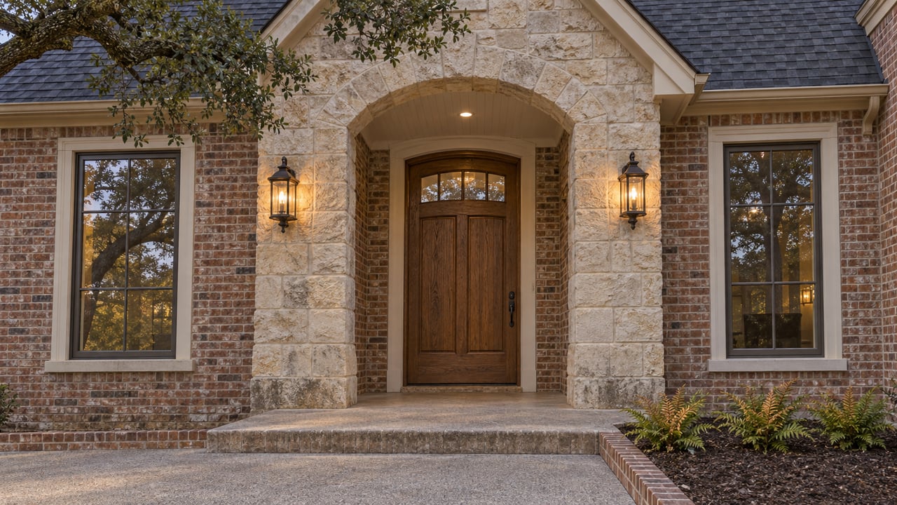 Arched limestone entry with an oak door, brick walls, paired bronze lights and a broad concrete approach beneath an oak branch.