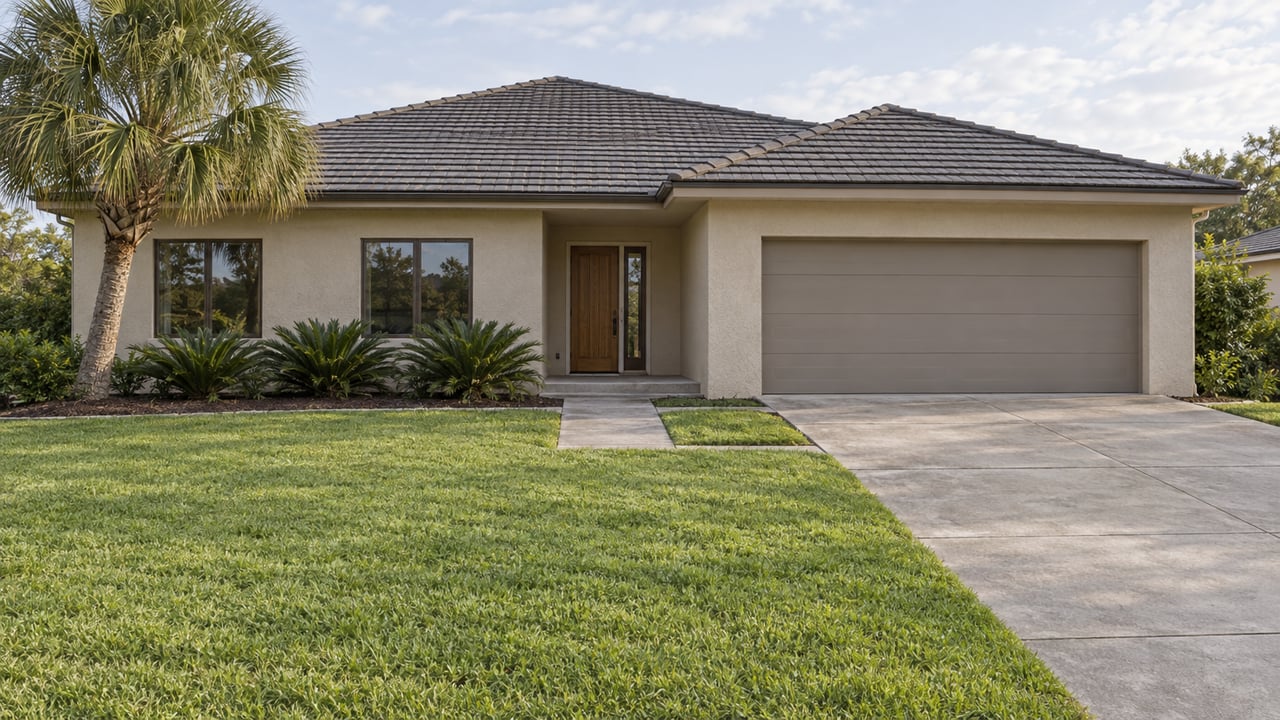 Single-story pale stucco home with a charcoal tiled roof, deep front lawn, a mature palm and a broad concrete driveway.