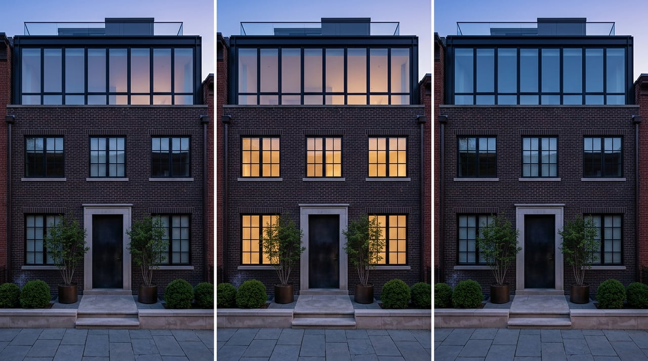 Four-story brick rowhouse with black steel windows, rooftop glass addition, and warm-lit entry at dusk.