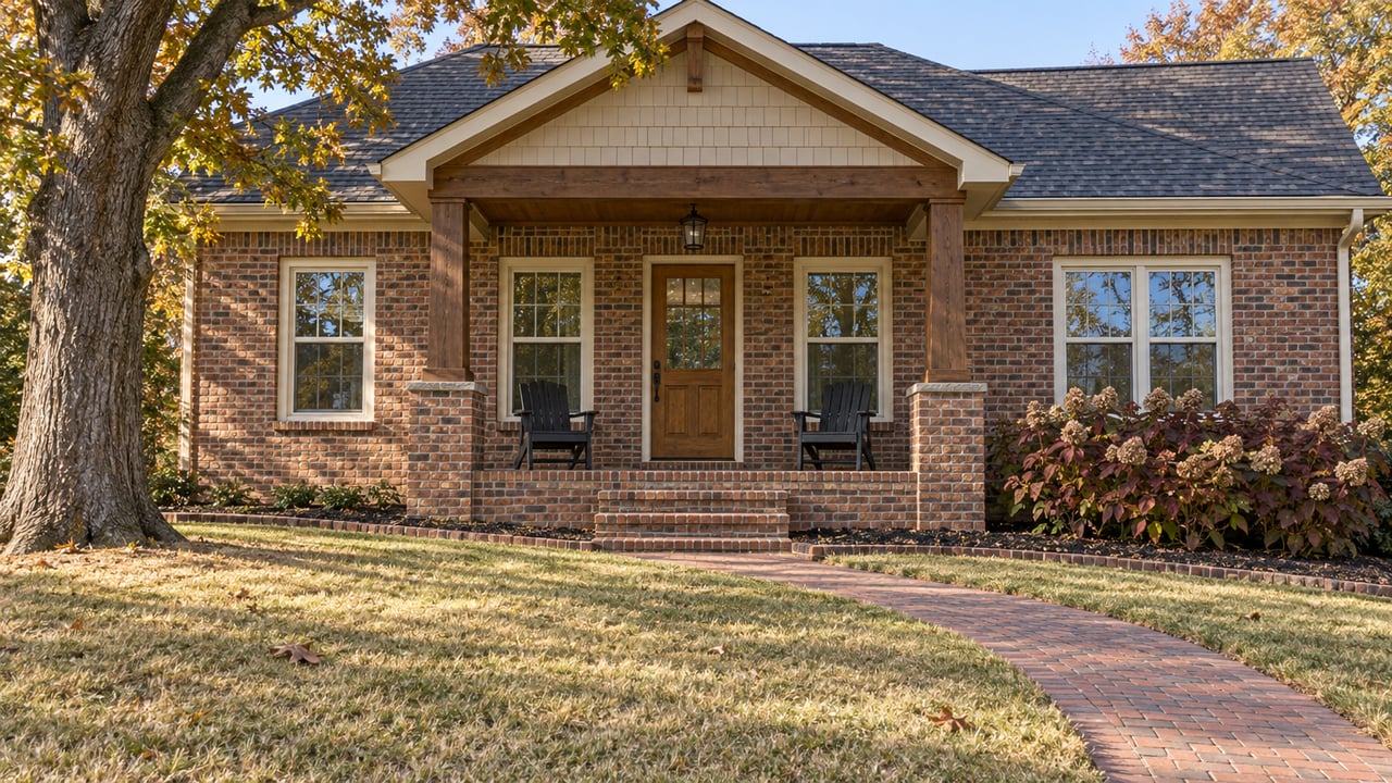 Russet brick home with a timber-supported porch, autumn oak canopy, and a brick walk crossing a gently sloping lawn.