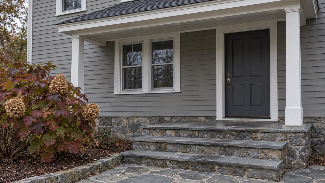 Gray clapboard home entrance with white porch posts, bluestone steps and one autumn oakleaf hydrangea beside the walk.