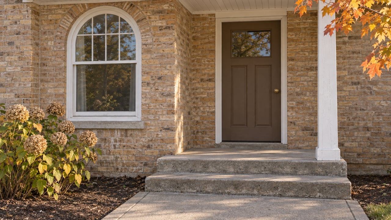Buff-brick home entrance with an arched white window, brown paneled door, concrete steps, and autumn foliage.