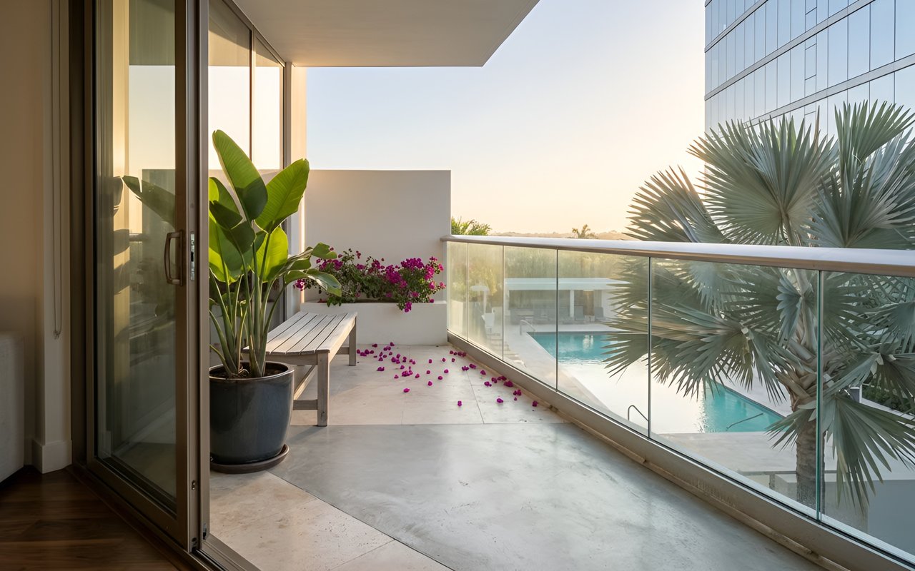 Modern balcony with tropical plants and flowers overlooking a pool through a glass railing.