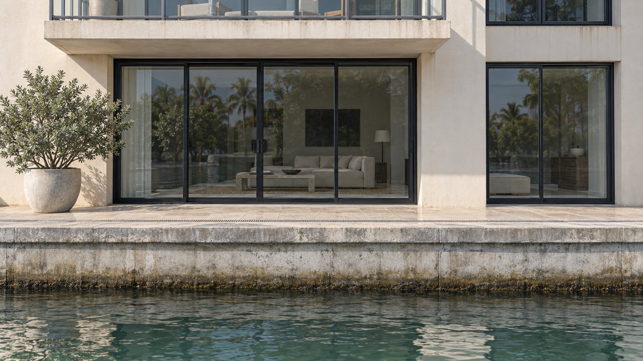 Cream-stucco canal residence with a glass balcony, stone terrace, and potted silver buttonwood above rippled water.