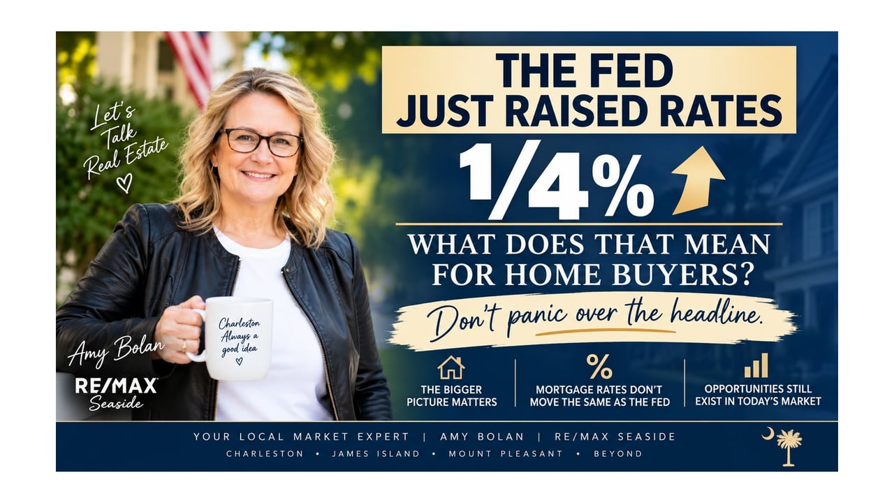 Mortgage rate social tile featuring Amy Bolan and explaining a quarter-percent Fed rate increase for home buyers.