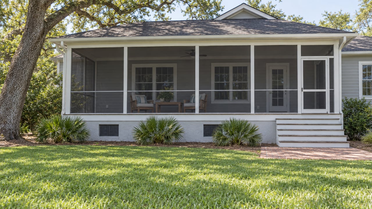 Pale-gray house with a raised screened porch, brick landing and deep lawn beneath a mature live oak.