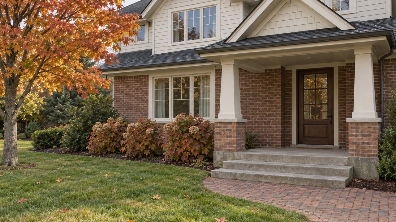Brick and cream-sided home with a covered porch, worn masonry steps, autumn maple leaves, and a broad front lawn.