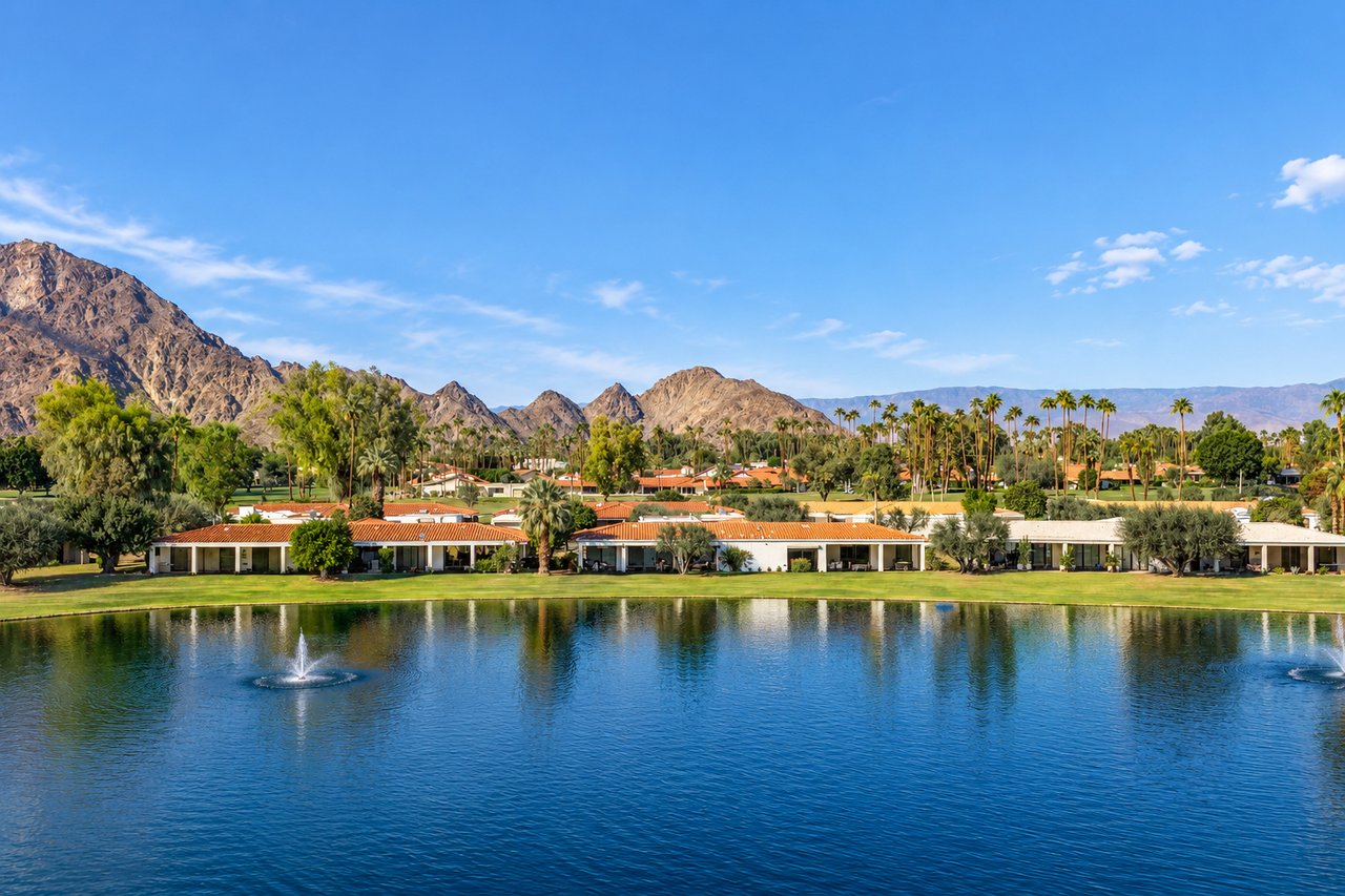 La Quinta Country Club residences beside a fountain lake, with palm trees and desert mountains beyond.