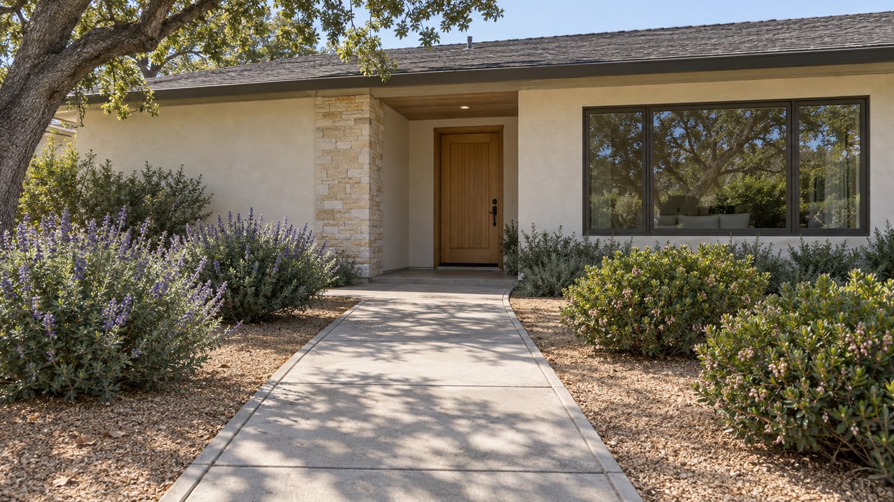 Sunlit single-story home with warm white stucco, an oak front door, broad concrete approach and individually spaced drought-adapted shrubs.