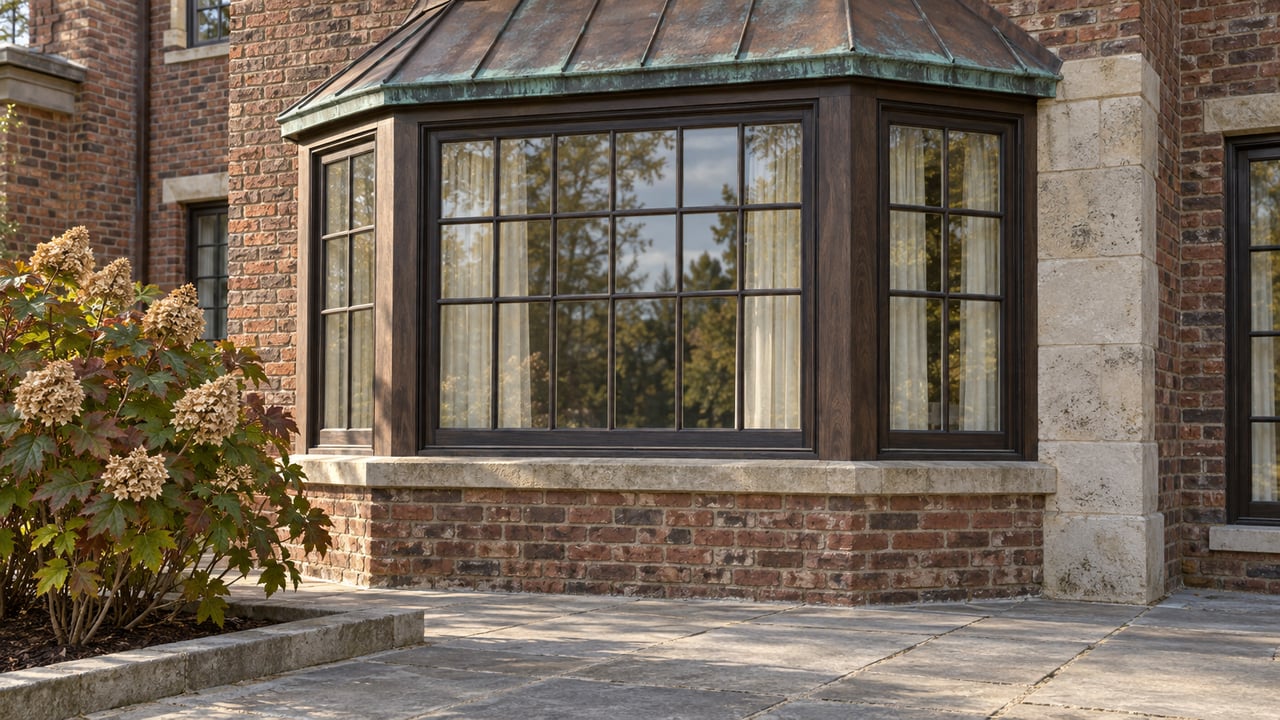 Afternoon light on a brick home's copper-roofed bay window above a weathered limestone terrace and oakleaf hydrangea bed.