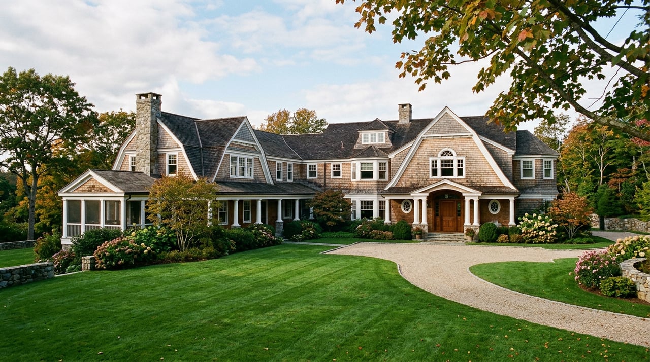 Shingle-style Colonial home with a deep porch, bluestone path, and broad lawn beneath mature trees.