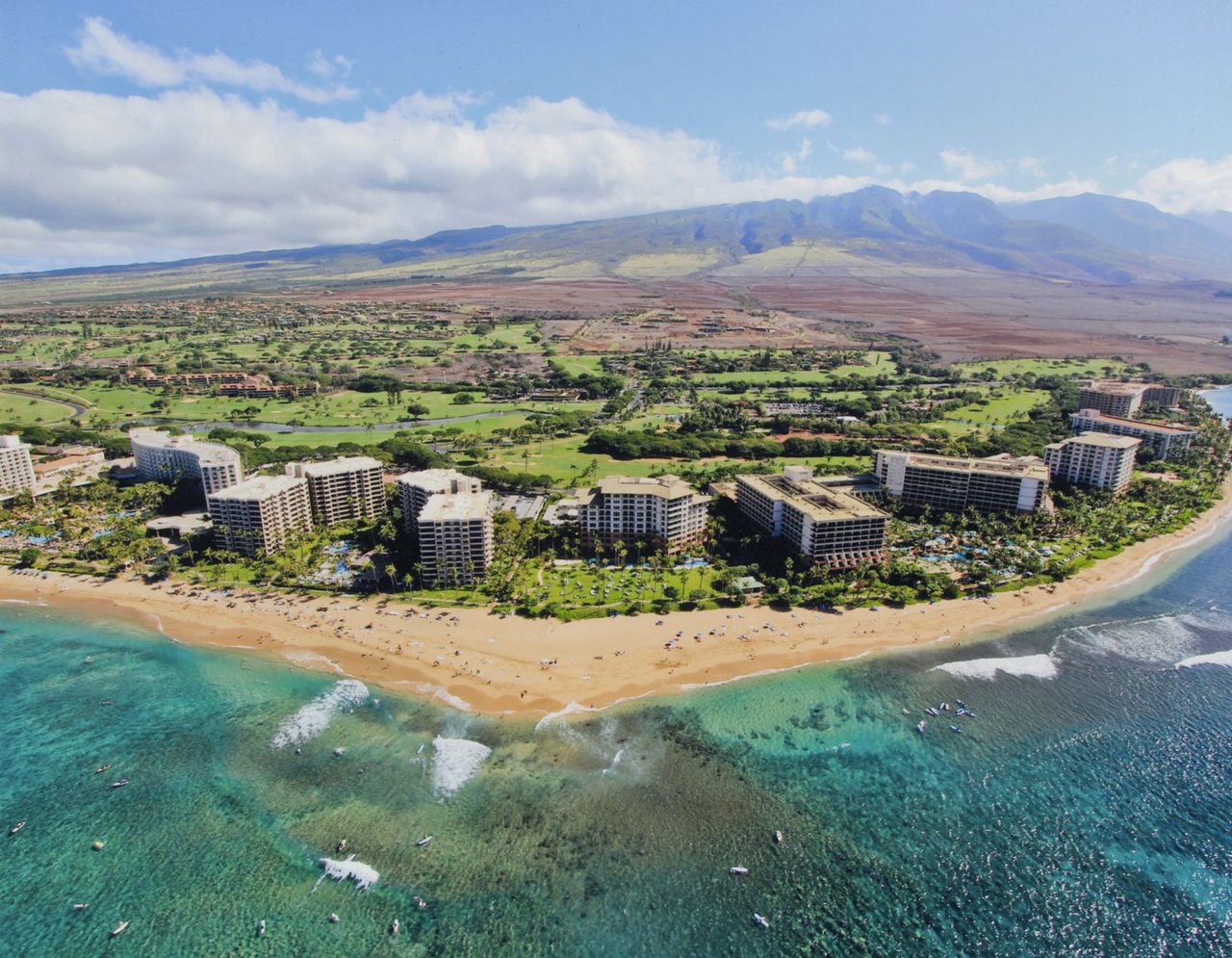 aerial view of kaanapali alii and surrounding hotels and kaanapali beach
