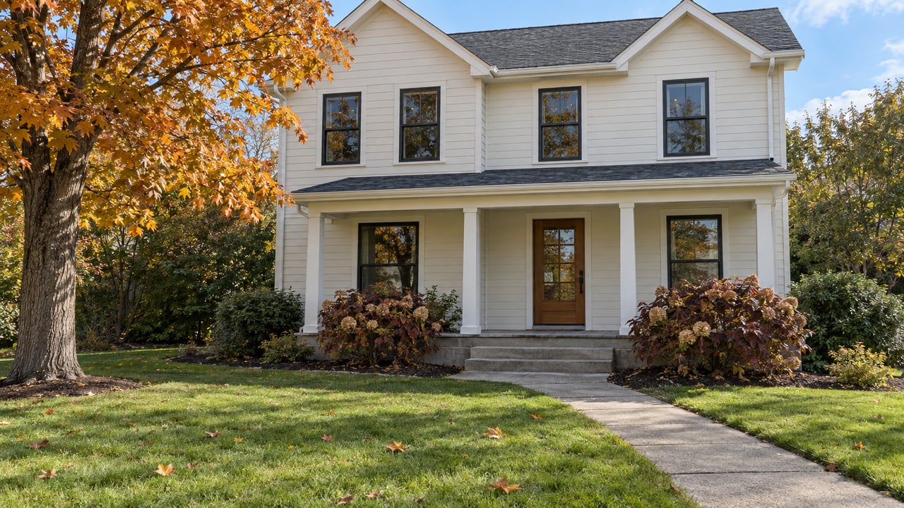 Cream clapboard home with a covered porch, black windows and a deep lawn beside an amber sugar maple.