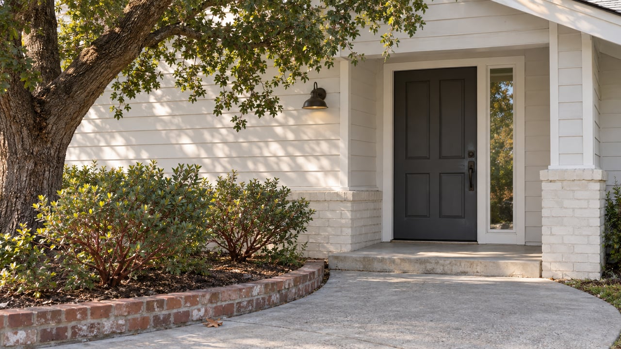 White-sided home entry with a charcoal paneled door, oak canopy, and brick-edged planting bed.