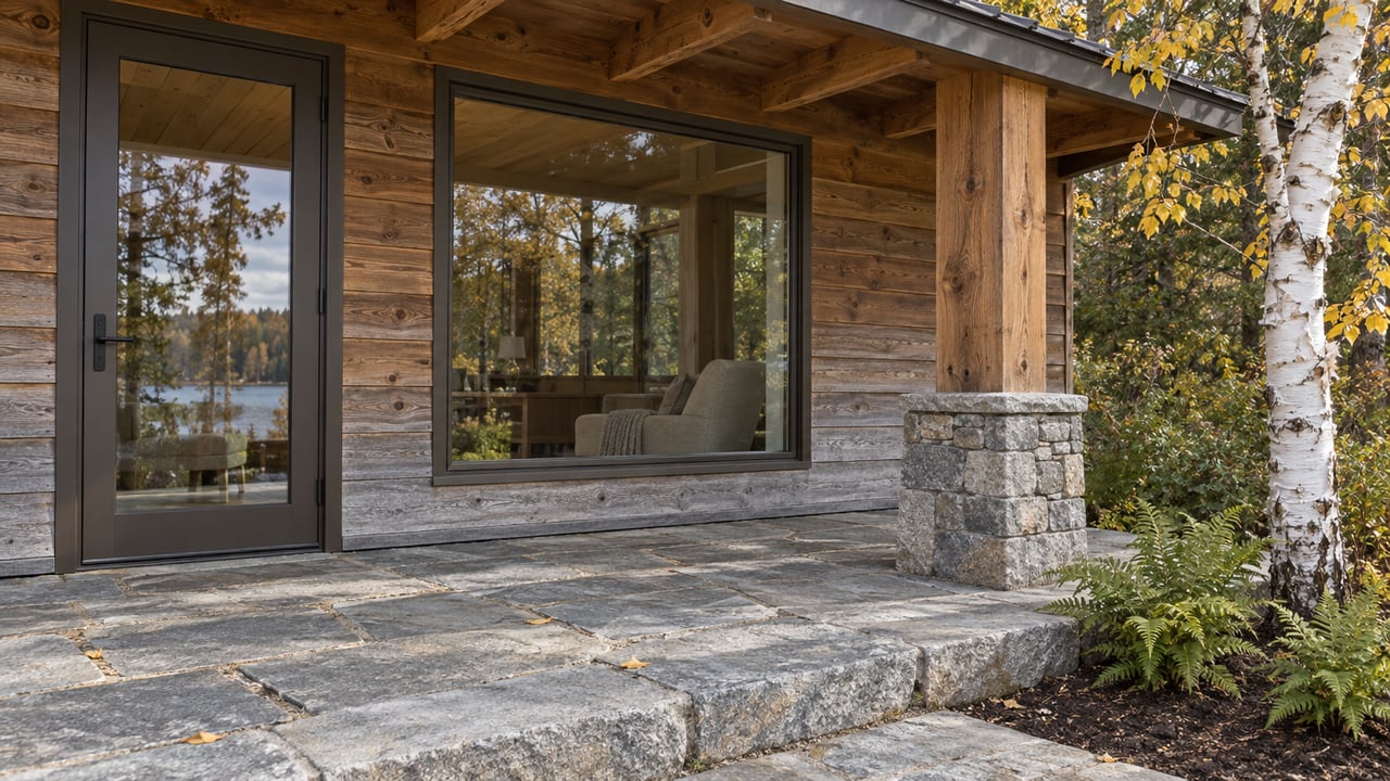 Cedar cabin terrace with bronze-framed glass, worn granite paving and a yellow-leaved paper birch.