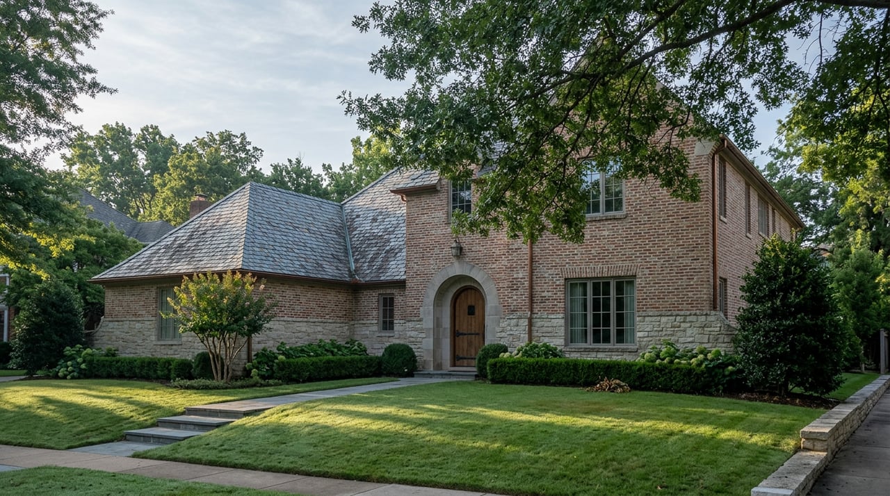 Stone-and-brick manor with an arched entrance, slate roof, and bluestone path across a tree-shadowed lawn.
