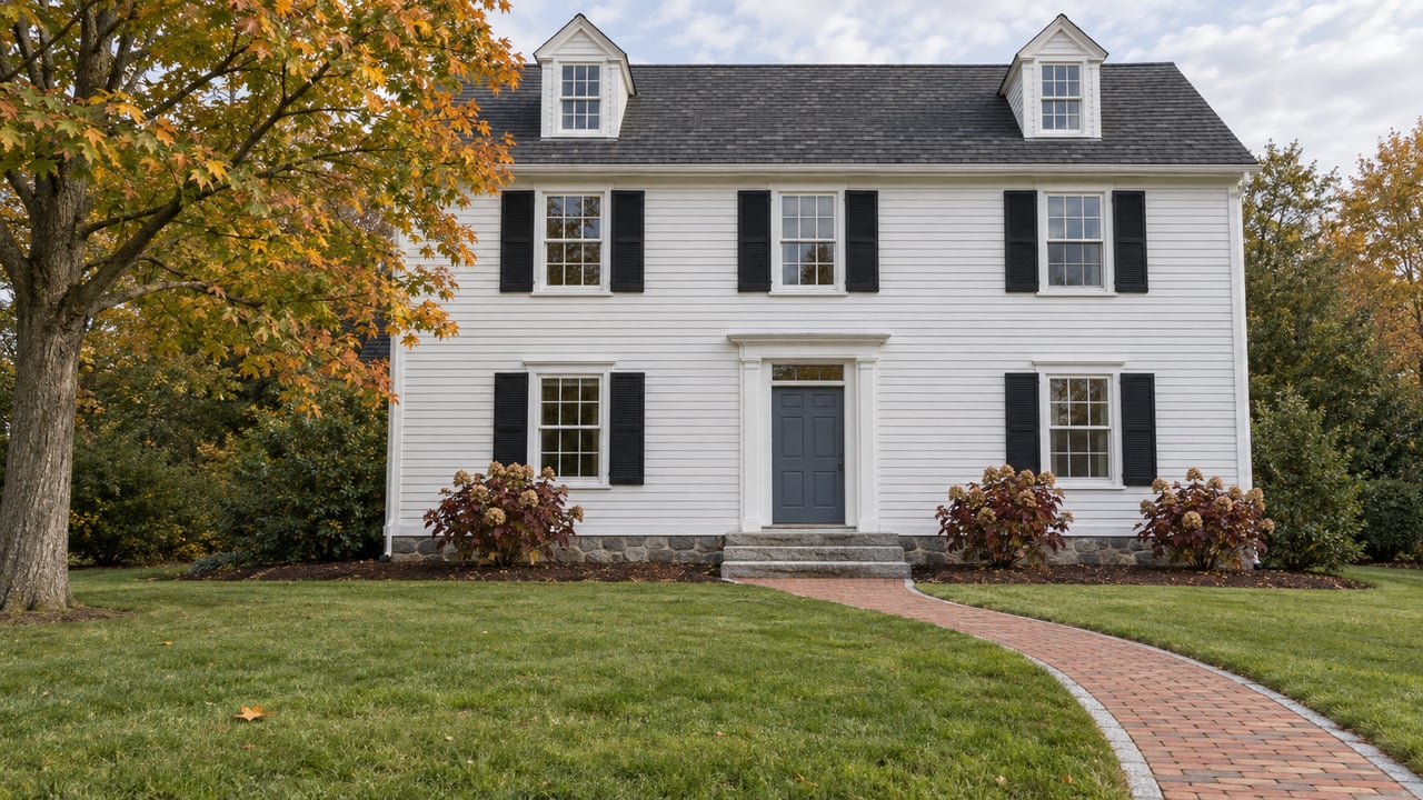 White clapboard house with black shutters, a slate-blue entry door, granite steps and a brick walk through a broad lawn beside an autumn sugar maple.