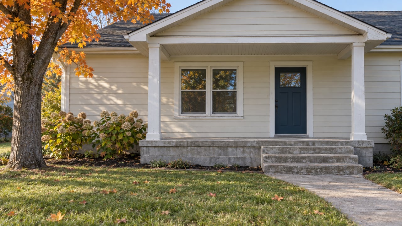 Cream lap-sided home with a blue front door, raised concrete porch, autumn sugar maple and a deep front lawn.