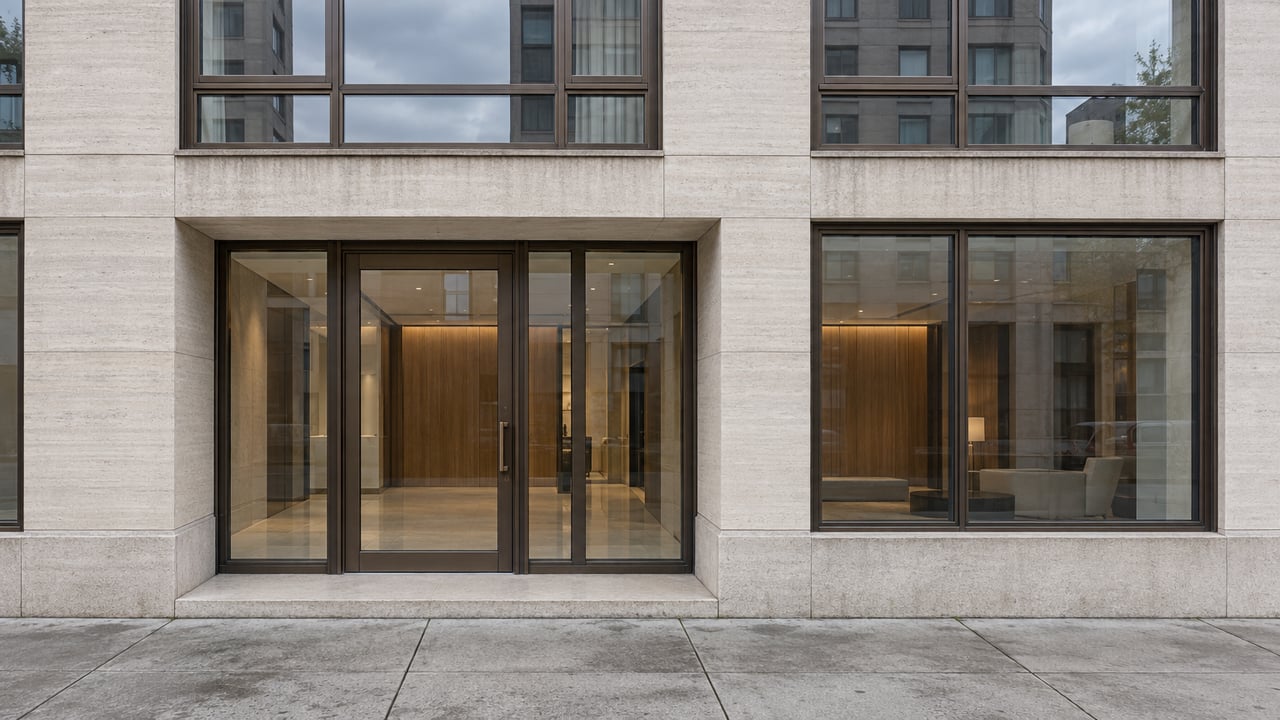 Residential limestone facade with bronze-framed windows and a recessed glass entry reflecting the gray sky.