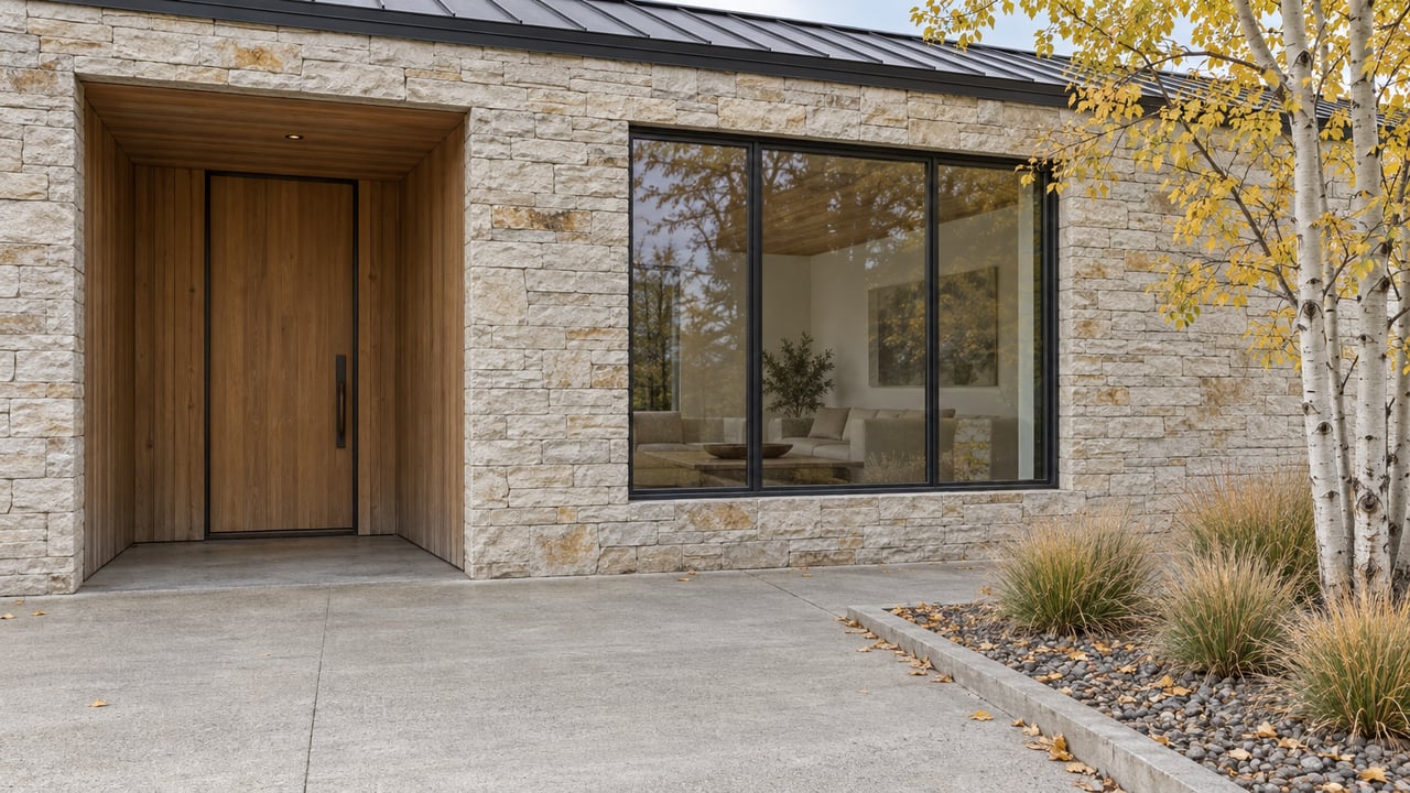Pale stone and warm timber home entry beside a large dark-framed window, with yellow aspen leaves above a concrete approach.