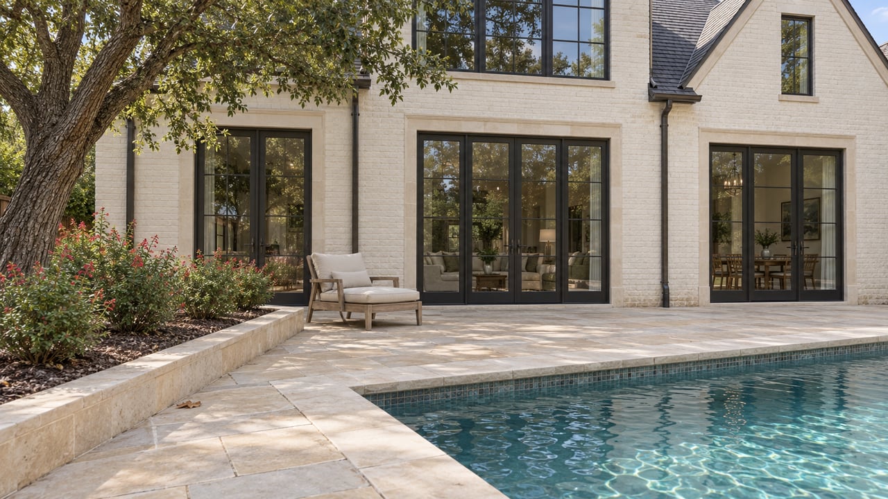 Painted-brick home with black-framed windows, a limestone pool terrace, a weathered teak chair, and a mature oak.