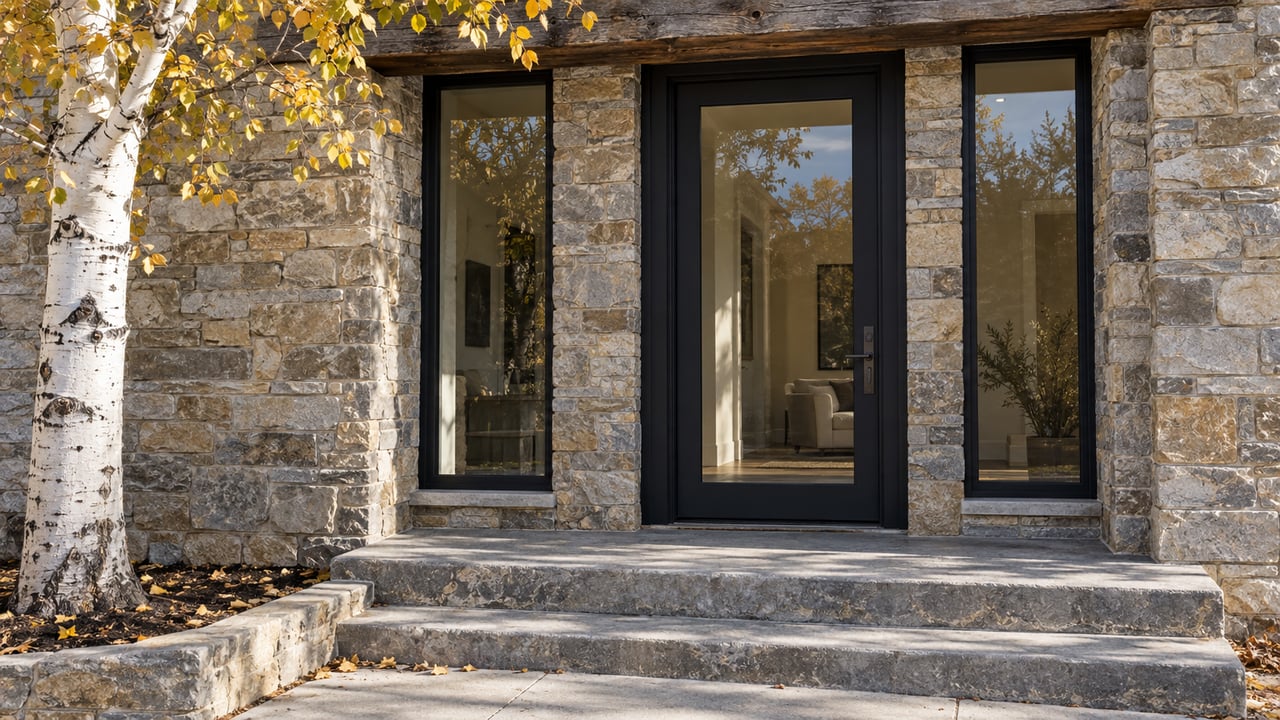 Recessed glazed residential entrance framed by hand-laid stone and weathered timber, with broad stone steps and a gold-leaved white-barked tree.