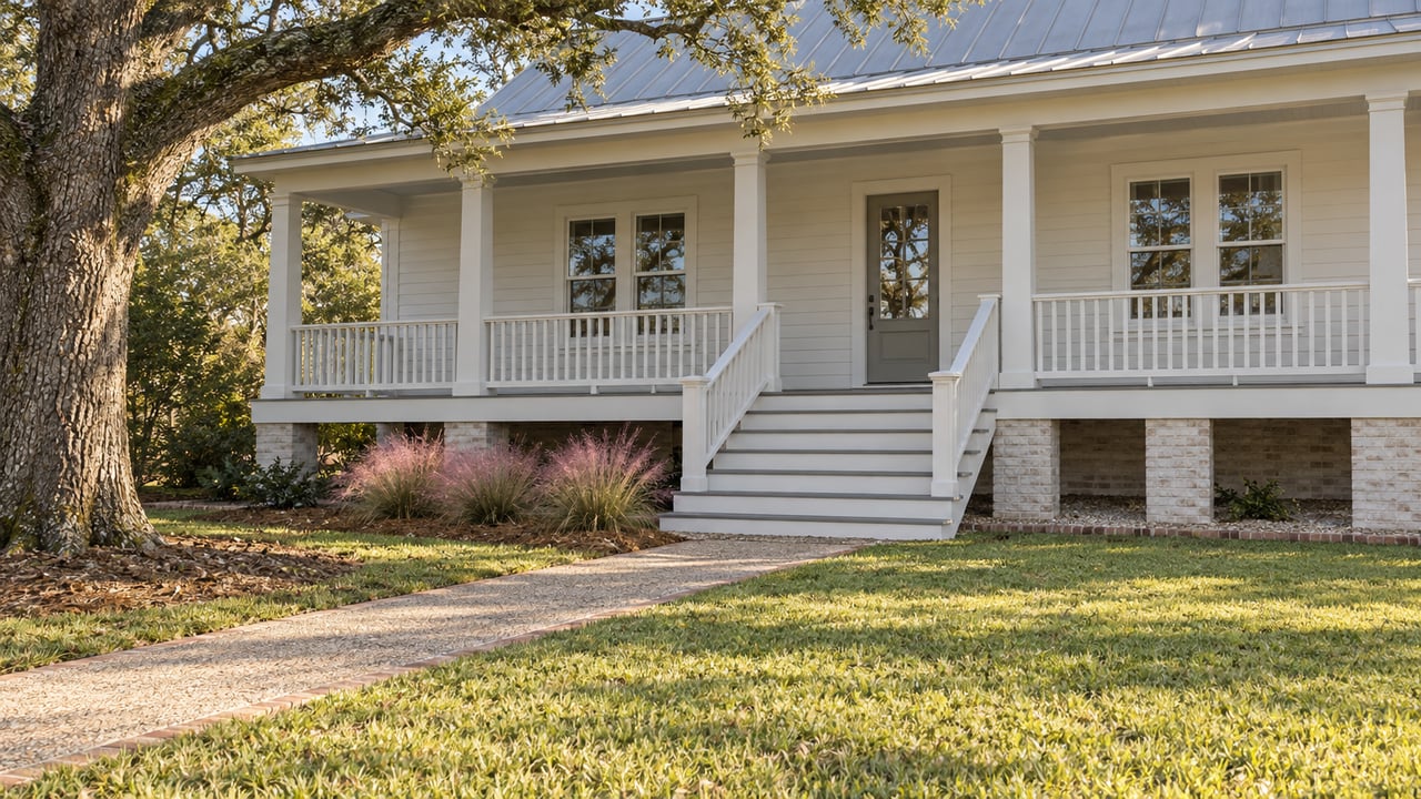 Elevated white clapboard home with a shaded porch, broad front lawn and mature live oak in warm morning light.