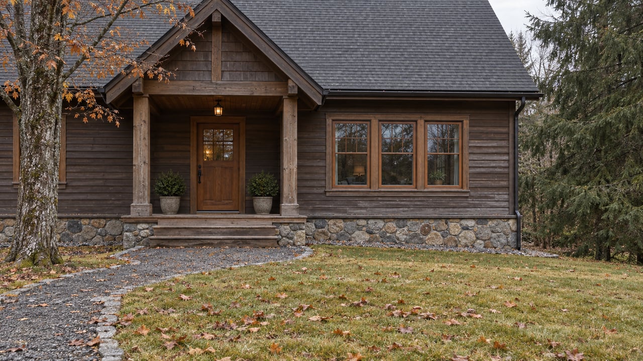 Weathered wood house with a covered entry, divided-light windows and a damp lawn beneath late-autumn trees.