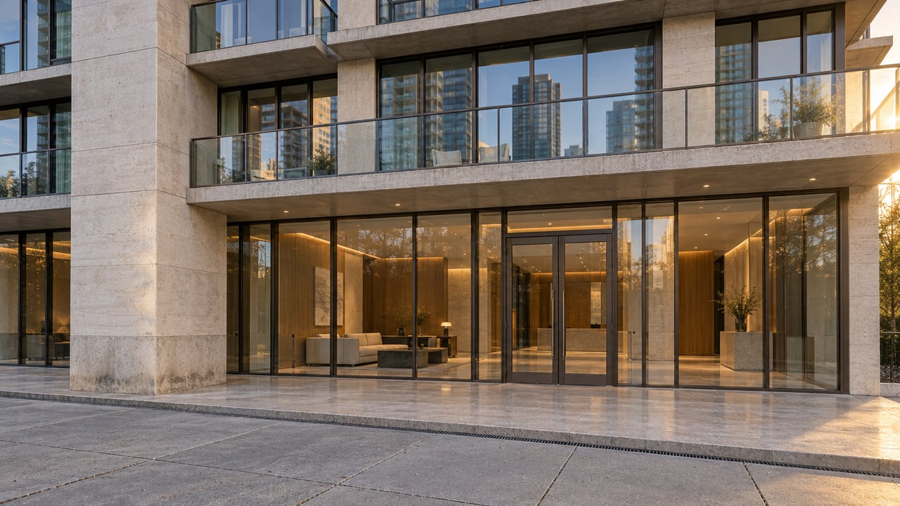 High-rise residential lobby with glazed double doors, limestone pier, and glass balconies above a paved sidewalk.