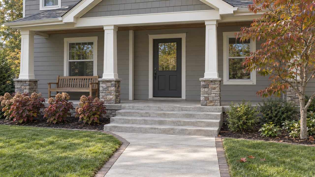 Gray lap-sided home with a covered gabled porch, stone column bases, broad concrete steps and autumn dogwood beside the front walk.