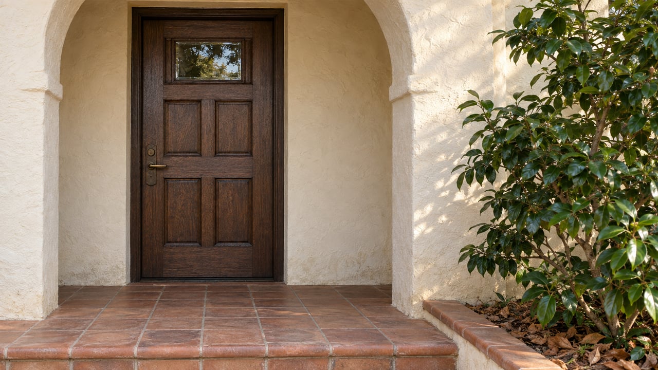 Morning light on an ivory stucco arch, recessed oak front door and worn terracotta porch tiles beside a camellia.