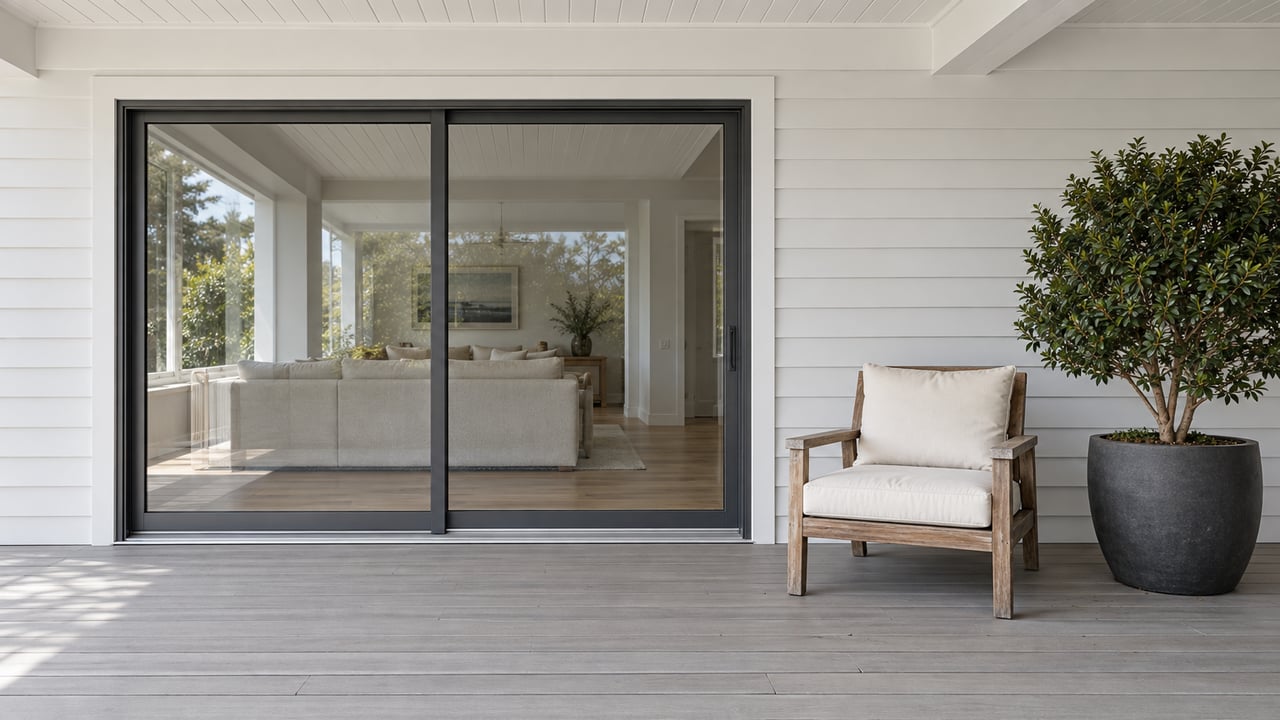 Covered terrace with weathered teak seating, gray composite decking, white siding and closed glazed doors beside a sculptural yaupon holly.